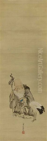 Der Glucksgott Fukurokuju Mit Knotenstock Und Schriftrolle, Neben Ihm Ein Kranich - view 1