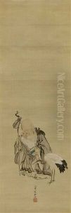 Der Glucksgott Fukurokuju Mit Knotenstock Und Schriftrolle, Neben Ihm Ein Kranich by Haruki Nanmei