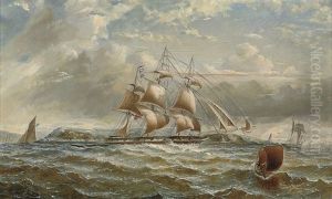 A British Merchantman Running Down The Firth Of Clyde In A Stiff Breeze, The Cloch Lighthouse Off Her Port Bow by George Alexander Napier