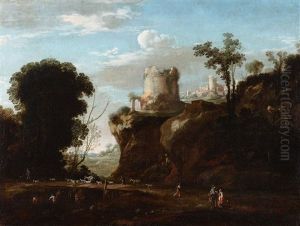 Figures In A Rocky Landscape With A Tower by Filippo Napoletano