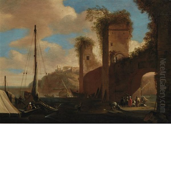 Harbor Scene With Ships, Ruins And Figures By An Archway - view 1