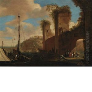 Harbor Scene With Ships, Ruins And Figures By An Archway