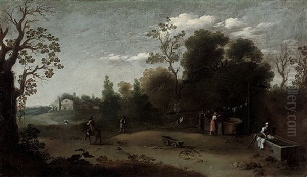 A Wooded Italianate Landscape With Washerwomen In The Foreground - view 1