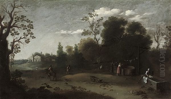 A Wooded Italianate Landscape With Washerwomen - view 1