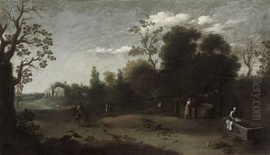 A Wooded Italianate Landscape With Washerwomen by Filippo Napoletano