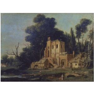 A Capriccio River Landscape With A Man Chasing A Woman In Front Of A Ruined Building by Filippo Napoletano