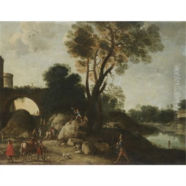 A Classical Landscape With Cavaliers In The Foreground, A Woodcutter Felling A Tree Beyond - view 1