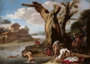 A River Landscape With Horsemen And Figures Bathing In The Foreground by Filippo Napoletano
