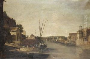 A River Landscape With Stevedores Unloading A Barge by Filippo Napoletano