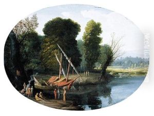 An Italianate River Landscape With Figures Gathered Round A Fire, Boats Moored Nearby by Filippo Napoletano