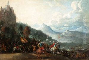 Extensive Mountainous Landscape With A Roman Army Marching Into Battle