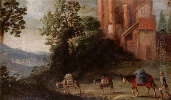 River Landscape With A Drover And Pack Animals Passing Houses - view 1