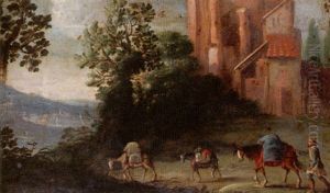 River Landscape With A Drover And Pack Animals Passing Houses