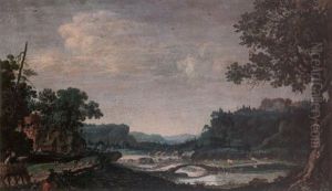 A River Landscape With Travellers On A Country Road And A Cottage In The Foreground, The Sacrifice Of Isaac On A Hill Beyond by Filippo Napoletano