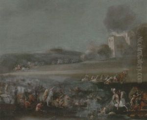 A Troop Of Cavalry Fording A River, A Besieged Town Beyond