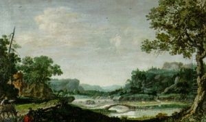 An Extensive River Landscape With Peasants And A Donkey By A Path by Filippo Napoletano