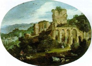 Herdsman With Cattle In A Mountainous Landscape With Ruins by Filippo Napoletano