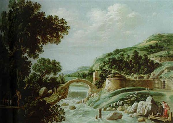 A Wooded Landscape With A Goatherd And His Flock And A Washerwoman - view 1