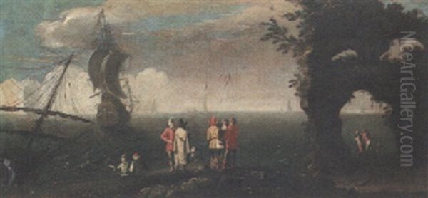 A Coastline With Merchants And Fisherfolk, A Frigate Moored Beyond - view 1
