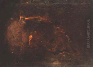 An Infernal Landscape With Two Man Attacking A Third