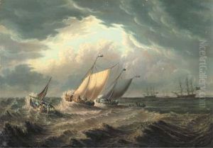 Dutch Fishing Boats Off The Coast With Other Shipping In Thedistance by Thomas A. Binks