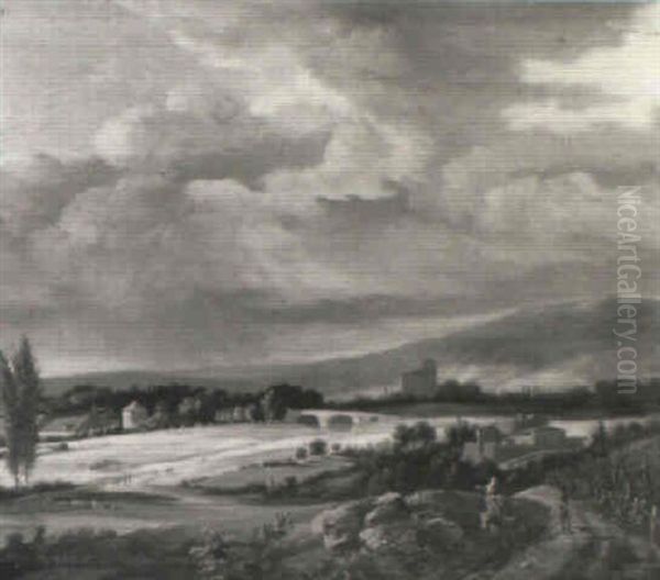 An Extensive River Landscape With Peasants Conversing On A Track - view 1
