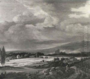 An Extensive River Landscape With Peasants Conversing On A Track by Filippo Napoletano