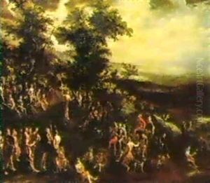 Paesaggio Boscoso Col Battistache Predica Alla Folla by Filippo Napoletano