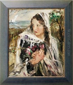 Impressionistische Darstellung Eines Madchens Mit Blumenstraus In Landschaft