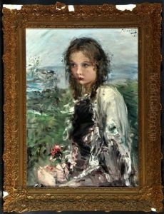 Halbportrait Eines Madchens Mit Blume, Im Hintergrund Landschaft