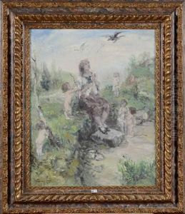 Jeune Fille Et Angelots Au Bord De L'eau by Aurel Naray
