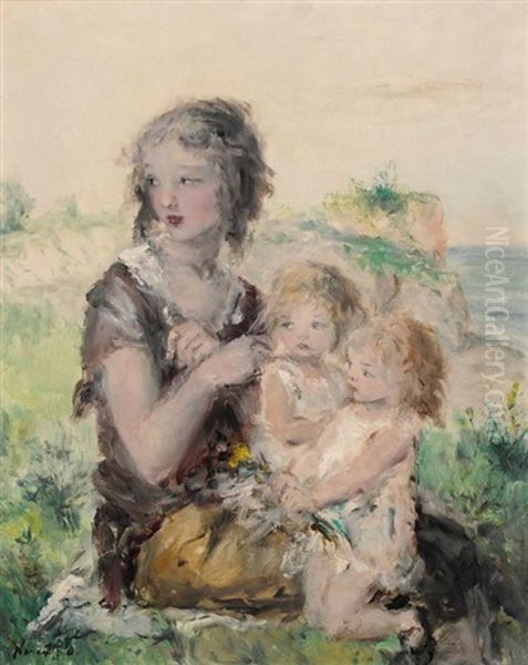 Junges Madchen Mit Zwei Kindern An Der Kuste - view 1