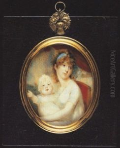A Mother And Child, She Wearing White Dress With Frilled Neckline, A Blue Bandeau In Her Hair; Her Child In White Dress And Bonnet by Edward Nash