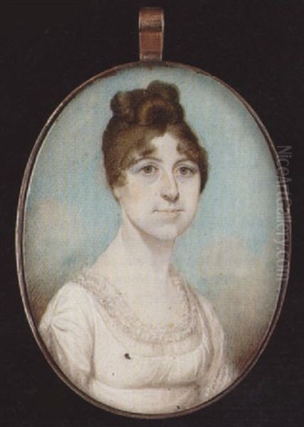 A Lady, With Hair Upswept, Wearing Decollete White Dress With Frilled Gauze Trim - view 1