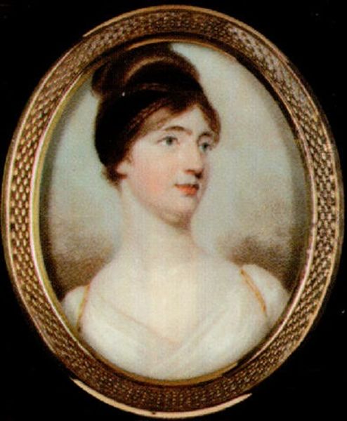 A Lady With Plaited Hair Piled High Upon Her Head And Entwined With Black Bandeau, Wearing Gold Trimmed White Dress - view 1