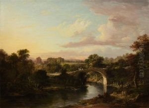Traveller On A Donkey Crossing An Old Arched Stone Bridge With Woodland And A Fortified House