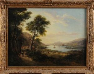 Loch Fyne, An Extensive Landscape, Figures On A Path In The Foreground, View To A Loch Beyond by Alexander Nasmyth