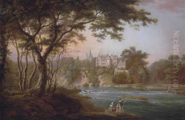 A View Of Brechin Castle, Angus, Seen From The Southbank Of The River South Esk, With The Artist Sketching And Other Figures On The Banks - view 1