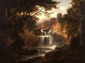 Figures Fishing By A Waterfall by Alexander Nasmyth