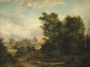 A Wooded River Landscape With A Traveller On A Track, St. Albans Abbey Beyond by Alexander Nasmyth