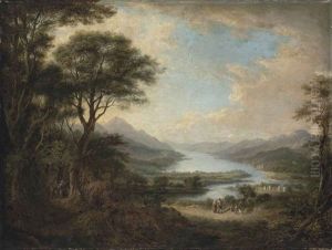 A View Of Loch Tay (from The West, At Killin, With Travellers On A Path And A Village Beyond) by Alexander Nasmyth