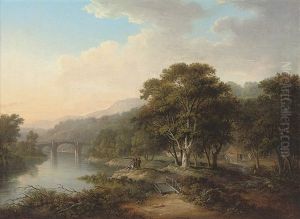 A View On The River Tweed, Near Melrose, With Figures Fishing On The Bank, A Bridge Beyond by Alexander Nasmyth