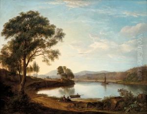 Travellers On A Roadside By A River, A Figure In A Punt In The Foreground