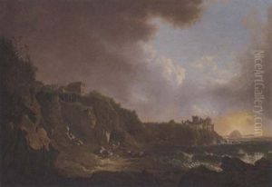 View Of Culzean Castle From The East With Ailsa Craig Beyond, Figures On The Shore Hauling A Boat Ashore