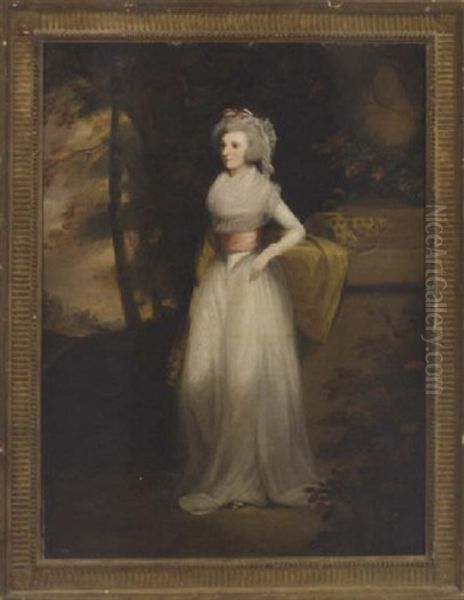 Portrait Of Mrs. Scott Of Duninald In A White Dress, A Pink Sash And Yellow Wrap, By A Plinth In A Landscape - view 1