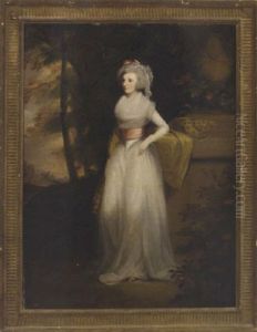 Portrait Of Mrs. Scott Of Duninald In A White Dress, A Pink Sash And Yellow Wrap, By A Plinth In A Landscape Portrait Of Mrs. Scott Of Duninald In A White Dress, A Pink Sash And Yellow Wrap, By A Plinth In A Landscape