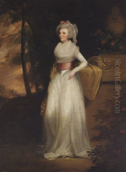 Portrait Of Mrs. Scott Of Duninald In A White Dress, A Pink Sash And Yellow Wrap, By A Plinth In A Landscape - view 1