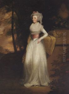 Portrait Of Mrs. Scott Of Duninald In A White Dress, A Pink Sash And Yellow Wrap, By A Plinth In A Landscape Portrait Of Mrs. Scott Of Duninald In A White Dress, A Pink Sash And Yellow Wrap, By A Plinth In A Landscape