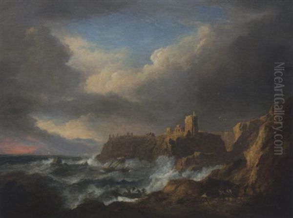 View Of Dunnottar Castle, With Figures On A Beach Watching A Ship On The Rocks - view 1