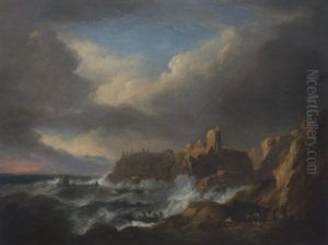 View Of Dunnottar Castle, With Figures On A Beach Watching A Ship On The Rocks by Alexander Nasmyth